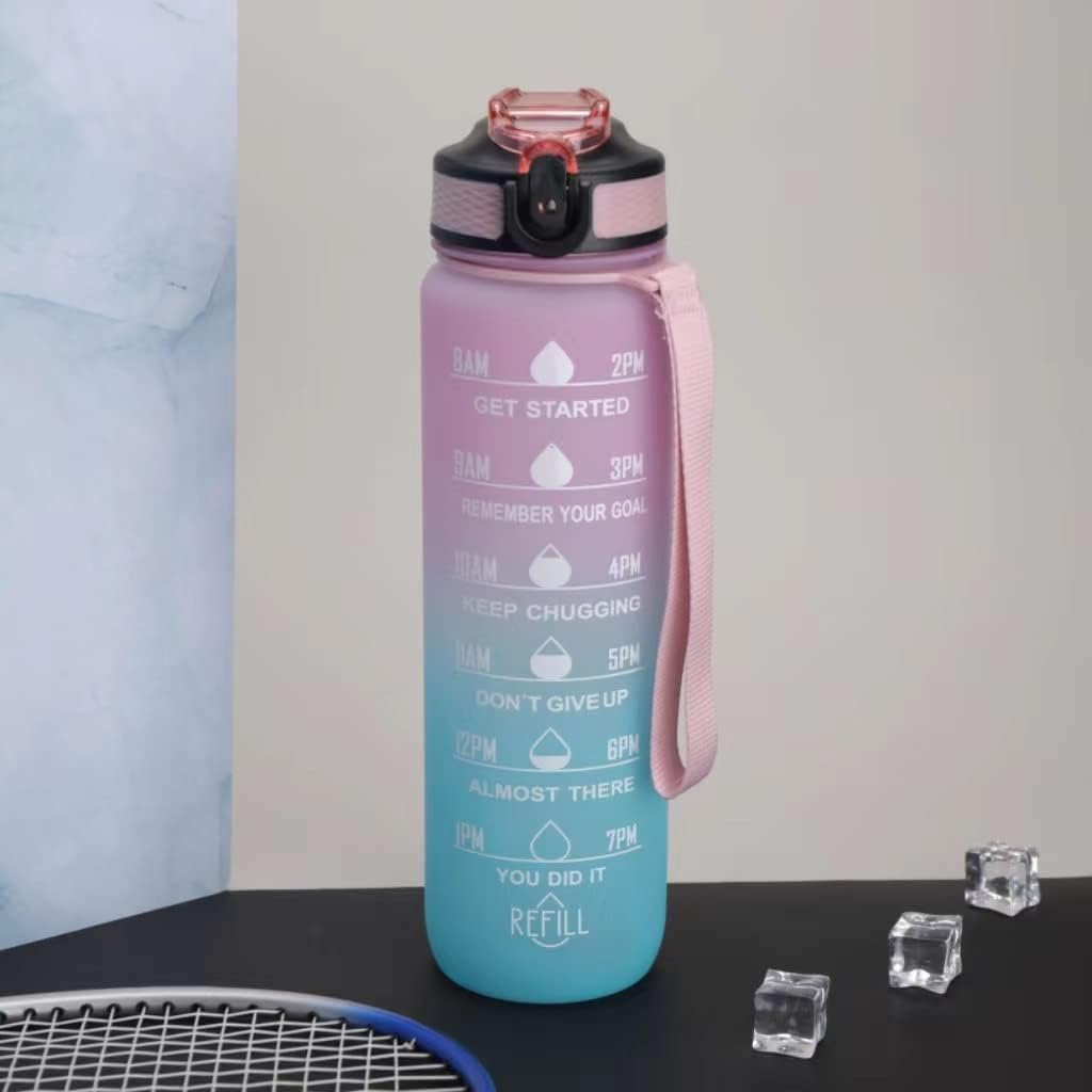 Sports Water Bottle with Time Marker and Straw