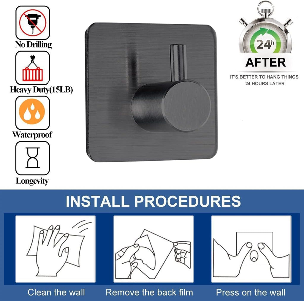 Black Adhesive Towel Hooks Heavy Duty Stick on Wall
