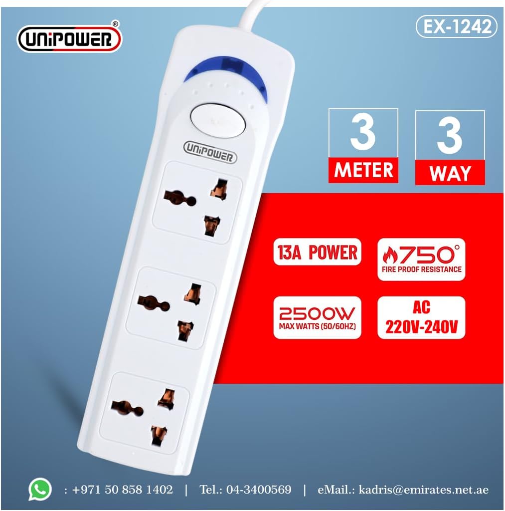 Unipower EX1242 Power Socket 3 Way Outlets Extension