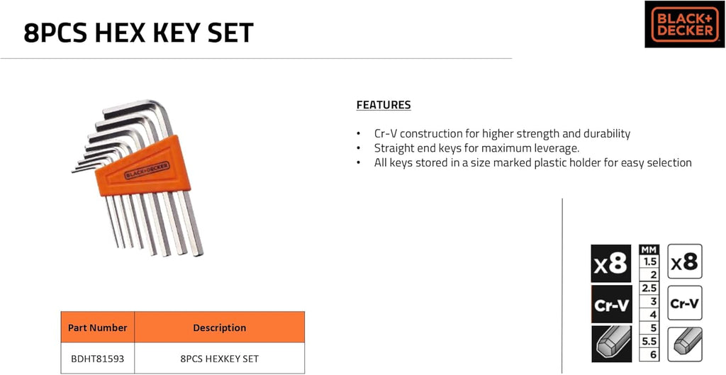 Black Decker Steel Hexkey Set 1.5 6Mm