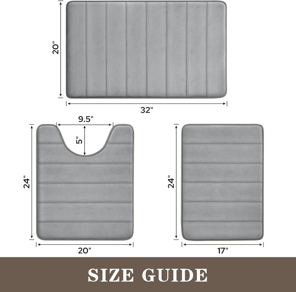 Bathroom Rug Set Memory Foam Non Slip Absorbent Machine Washable Grey