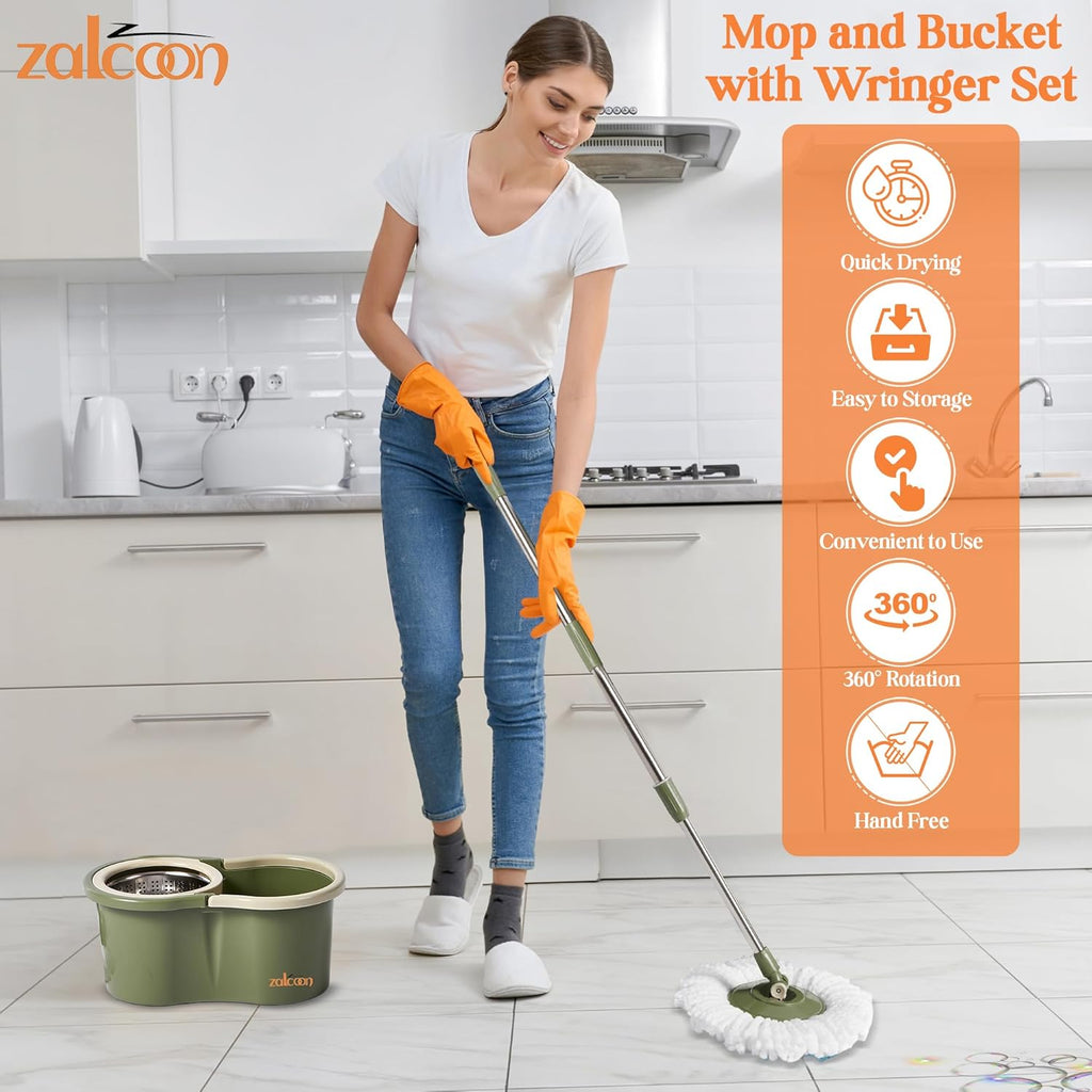 Zalcoon Spin Mop and Bucket with Wringer Set Stainless Handle