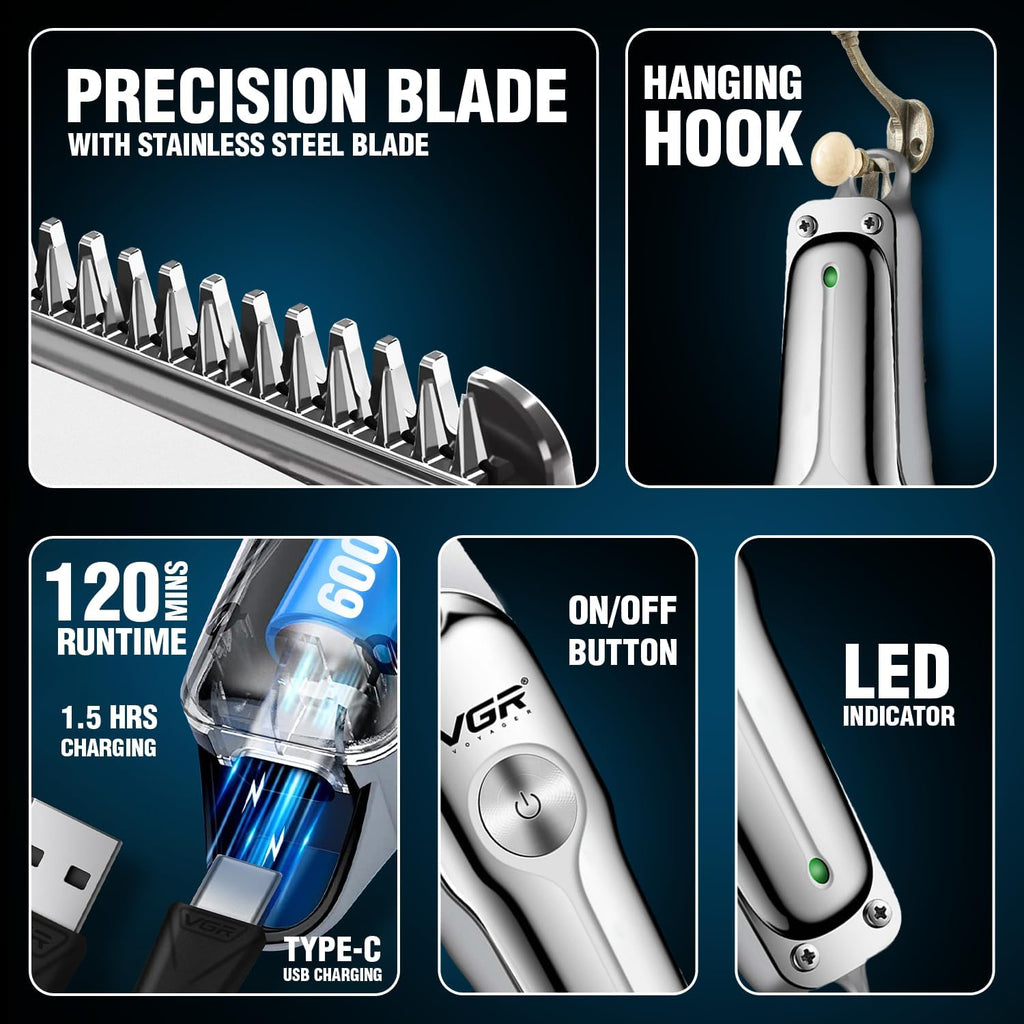 VGR Mens Cordless Hair Clipper Trimmer with Combs Silver