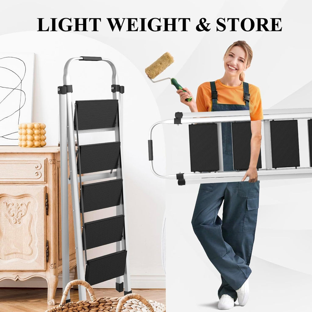 Foldable 5 Step Ladder Stool Wide Anti Slip Pedal Sturdy Steel