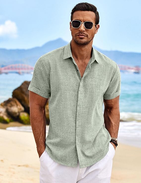 Mens Linen Shirts Short Sleeve Casual Button Down Shirt