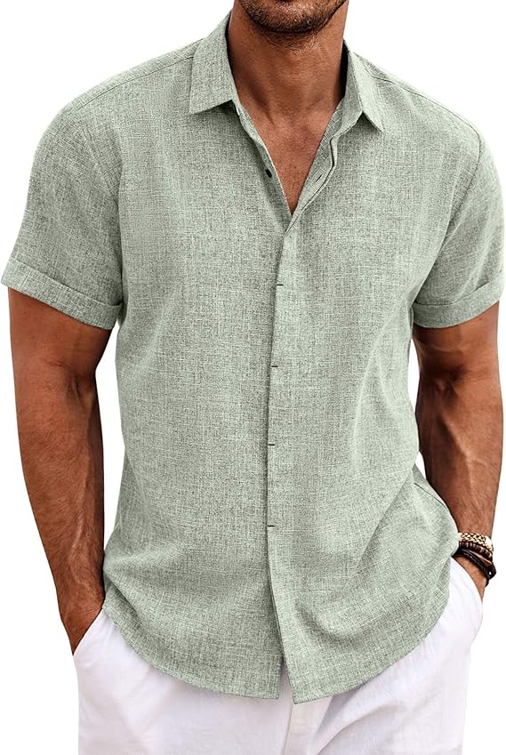 Mens Linen Shirts Short Sleeve Casual Button Down Shirt