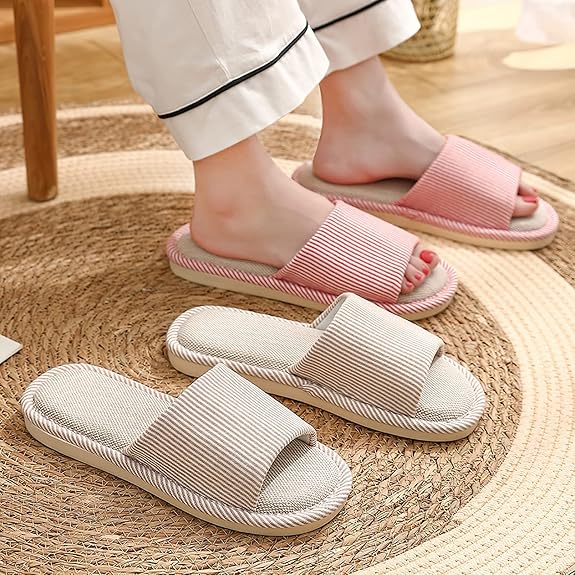 Linen Slippers for Women Men Open Toe House Shoes Summer