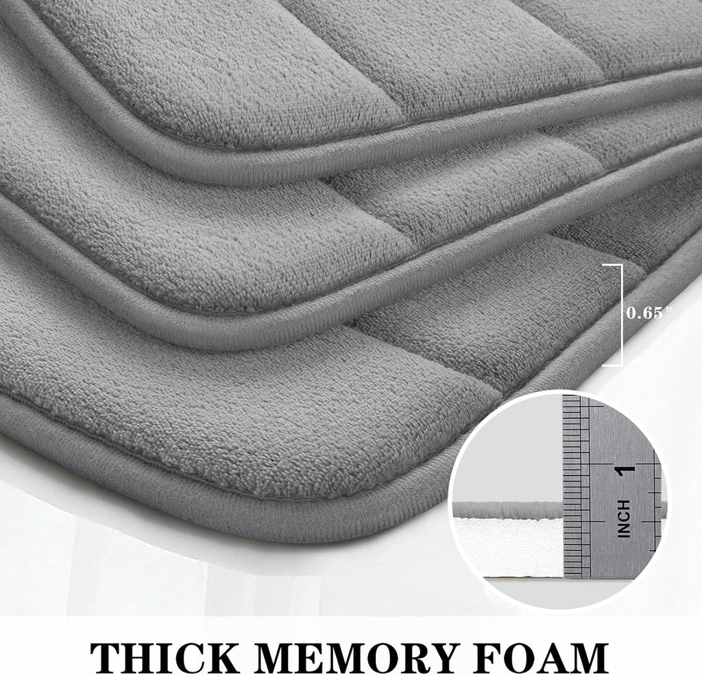 Bathroom Rug Set Memory Foam Non Slip Absorbent Machine Washable Grey