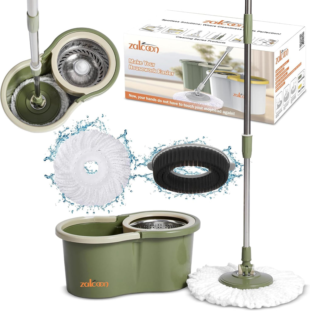 Zalcoon Spin Mop and Bucket with Wringer Set Stainless Handle