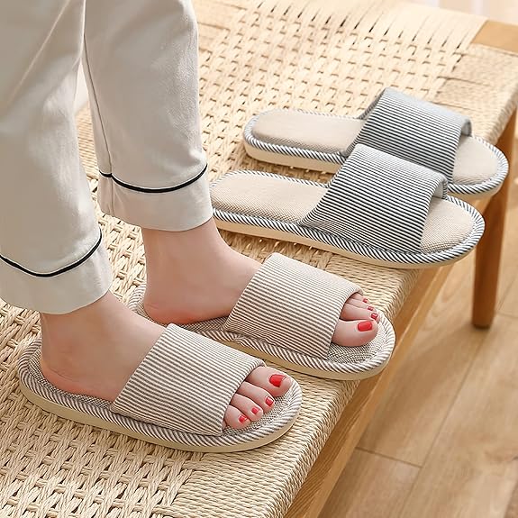 Linen Slippers for Women Men Open Toe House Shoes Summer